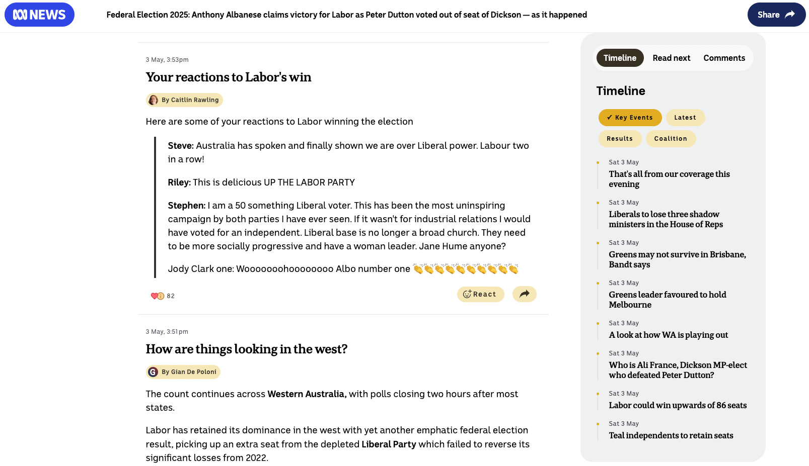 Audience engagement - reactions are published in live feeds