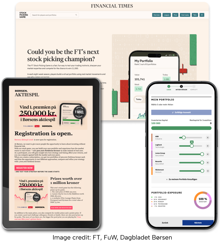 Investor stock market games at Financial Times, FuW Finanz und Wirtschaft, Børsen